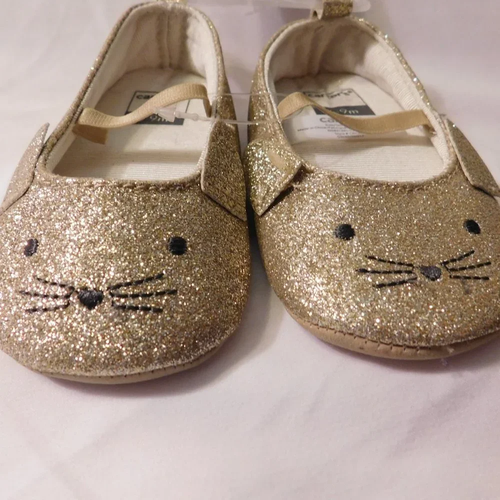 Carters Baby Girls Crib Shoes Gold Glitter Cat Design Size 6-9 Months NEW